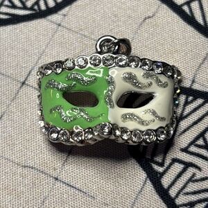 Green And Cream Color Venetian Mask Necklace Pendant With Rhinestones